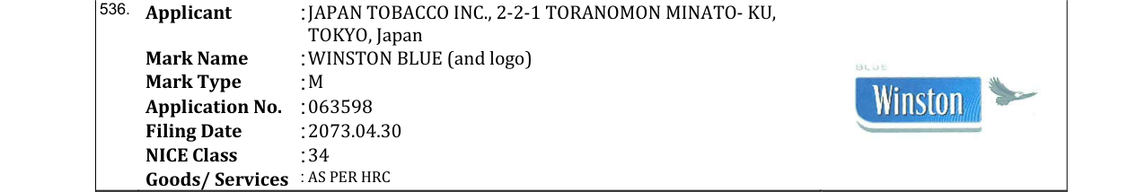 Original bulletin entry for WINSTON BLUE (and logo)