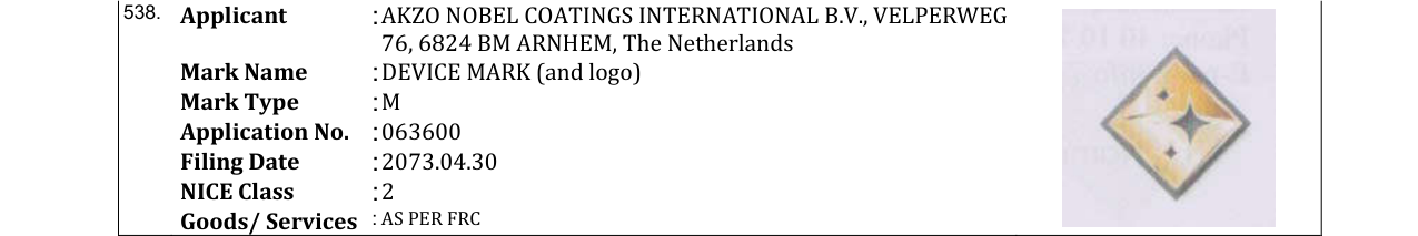 Original bulletin entry for DEVICE MARK (and logo)