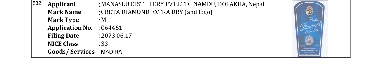 Original bulletin entry for CRETA DIAMOND EXTRA DRY (and logo)