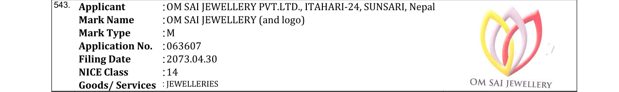 Original bulletin entry for OM SAI JEWELLERY (and logo)