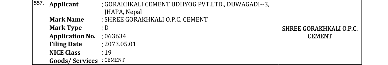 Original bulletin entry for SHREE GORAKHKALI O.P.C. CEMENT