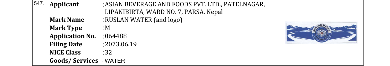 Original bulletin entry for RUSLAN WATER (and logo)