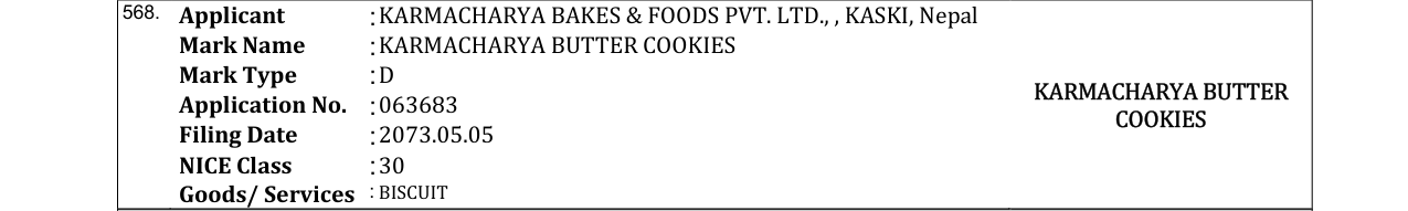Original bulletin entry for KARMACHARYA BUTTER COOKIES