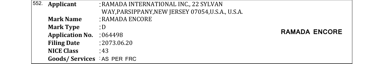 Original bulletin entry for RAMADA ENCORE