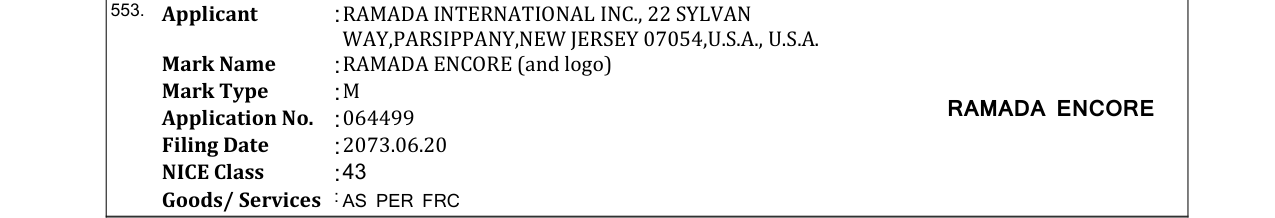 Original bulletin entry for RAMADA ENCORE (and logo)