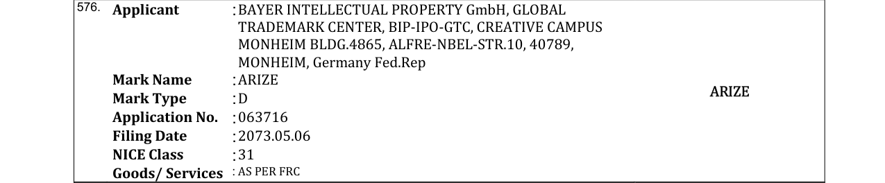 Original bulletin entry for ARIZE Mark Type ARIZE:D