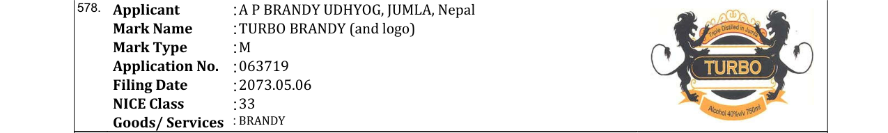 Original bulletin entry for TURBO BRANDY (and logo)