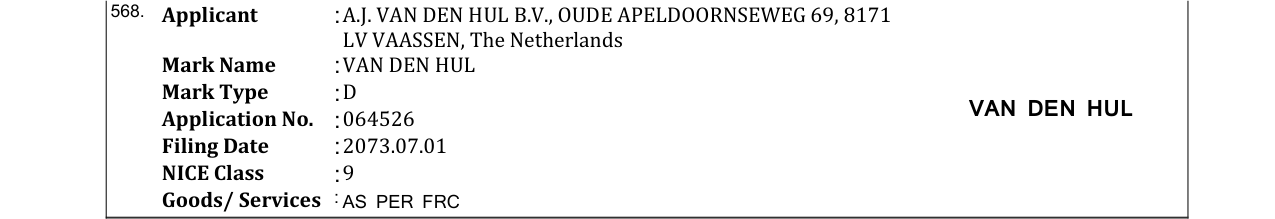 Original bulletin entry for VAN DEN HUL