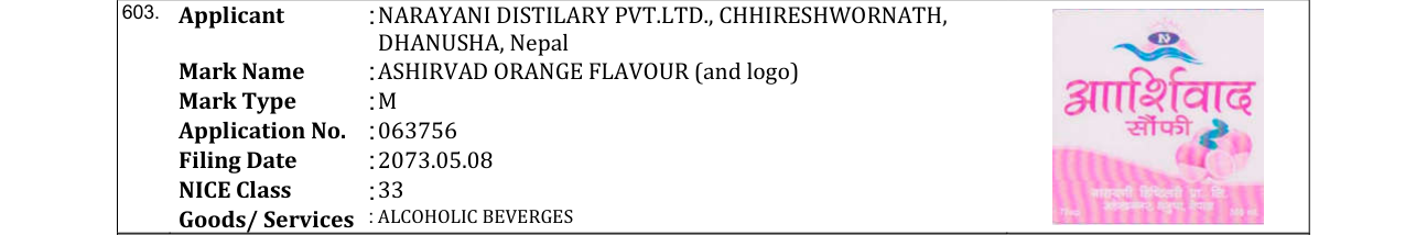 Original bulletin entry for ASHIRVAD ORANGE FLAVOUR (and logo)