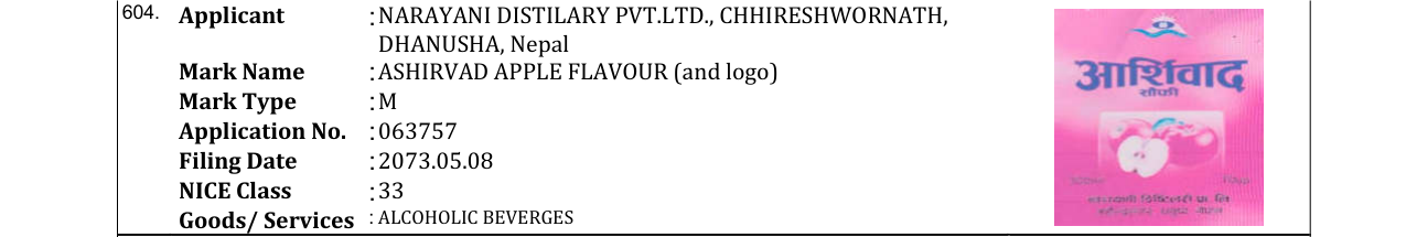 Original bulletin entry for ASHIRVAD APPLE FLAVOUR (and logo)