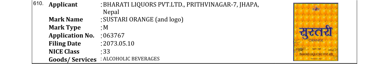 Original bulletin entry for SUSTARI ORANGE (and logo)