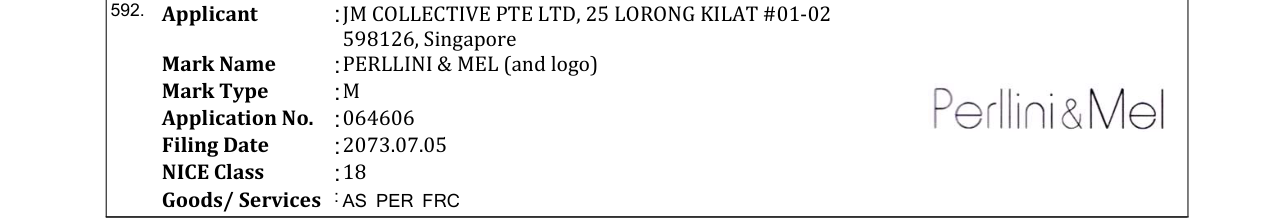 Original bulletin entry for PERLLINI & MEL (and logo)