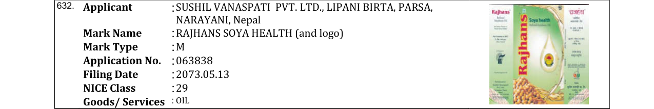 Original bulletin entry for RAJHANS SOYA HEALTH (and logo)