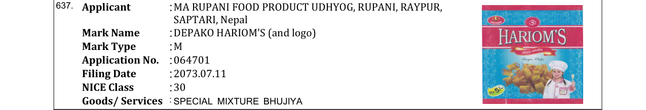 Original bulletin entry for DEPAKO HARIOM'S (and logo)