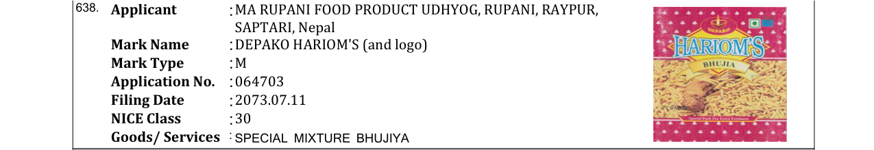 Original bulletin entry for DEPAKO HARIOM'S (and logo)