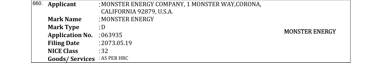 Original bulletin entry for MONSTER ENERGY
