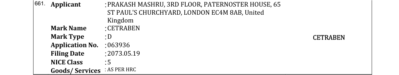 Original bulletin entry for CETRABEN