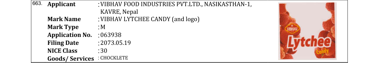Original bulletin entry for VIBHAV LYTCHEE CANDY (and logo)