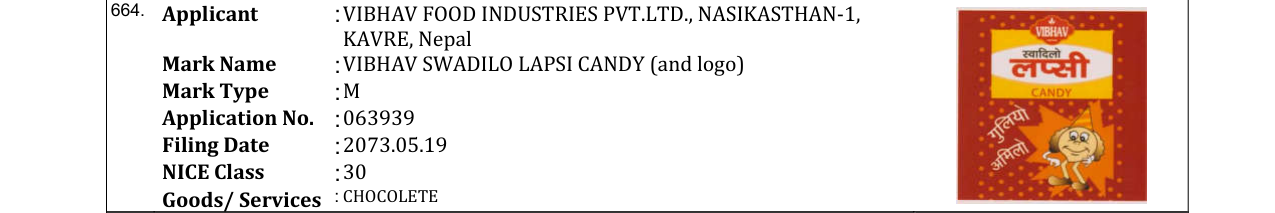 Original bulletin entry for VIBHAV SWADILO LAPSI CANDY (and logo)