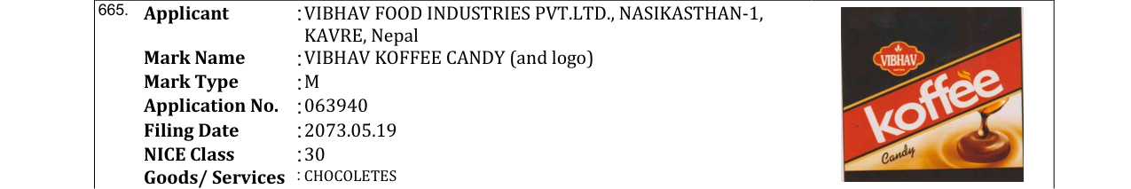 Original bulletin entry for VIBHAV KOFFEE CANDY (and logo)
