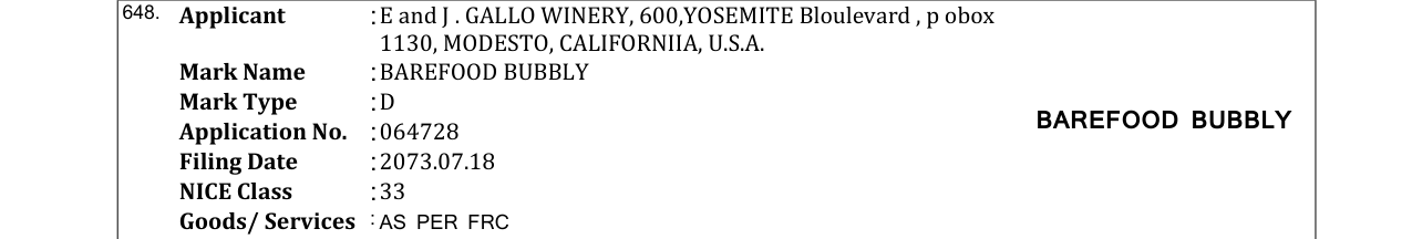 Original bulletin entry for BAREFOOD BUBBLY