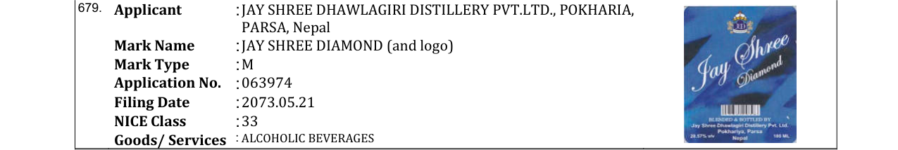 Original bulletin entry for JAY SHREE DIAMOND (and logo)
