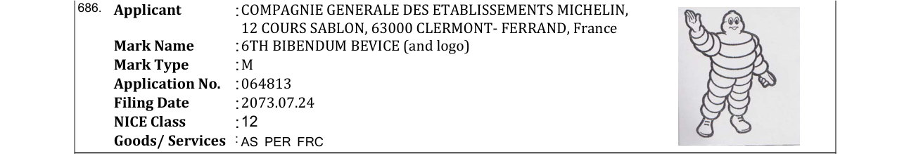 Original bulletin entry for 6TH BIBENDUM BEVICE (and logo)