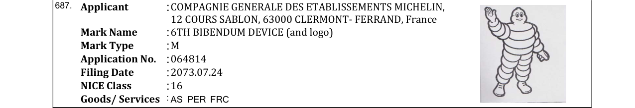Original bulletin entry for 6TH BIBENDUM DEVICE (and logo)