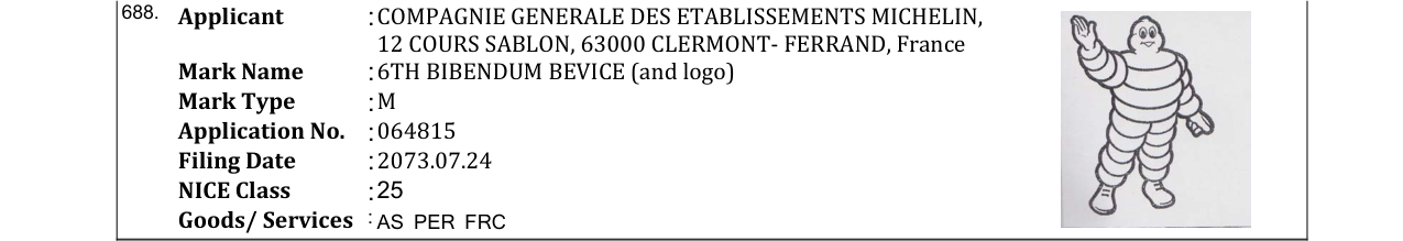 Original bulletin entry for 6TH BIBENDUM BEVICE (and logo)