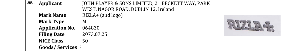Original bulletin entry for RIZLA+ (and logo)