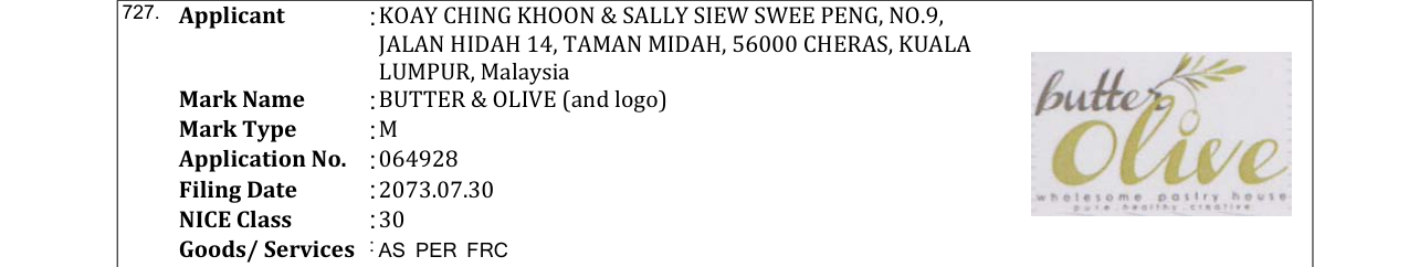 Original bulletin entry for BUTTER & OLIVE (and logo)