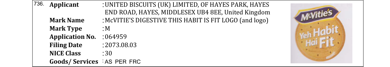 Original bulletin entry for McVITIE'S DIGESTIVE THIS HABIT IS FIT LOGO (and logo)