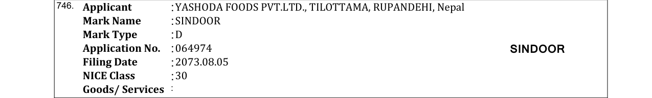 Original bulletin entry for SINDOOR