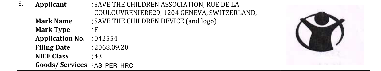 Original bulletin entry for SAVE THE CHILDREN DEVICE (and logo)