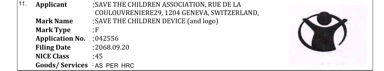 Original bulletin entry for SAVE THE CHILDREN DEVICE (and logo)