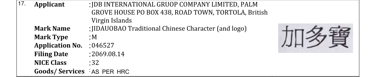 Original bulletin entry for JIDAUOBAO Traditional Chinese Character (and logo)