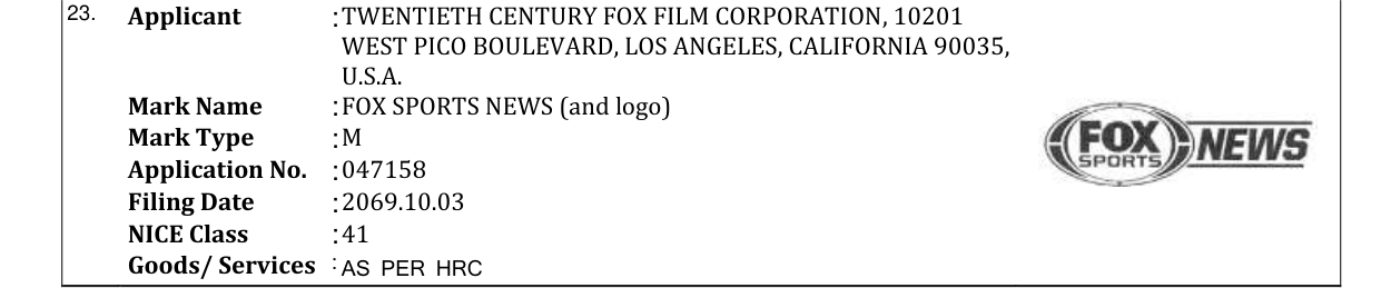 Original bulletin entry for FOX SPORTS NEWS (and logo)