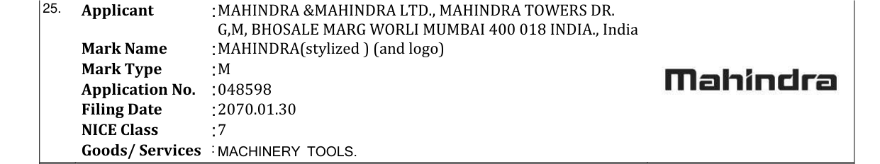 Original bulletin entry for MAHINDRA(stylized ) (and logo)
