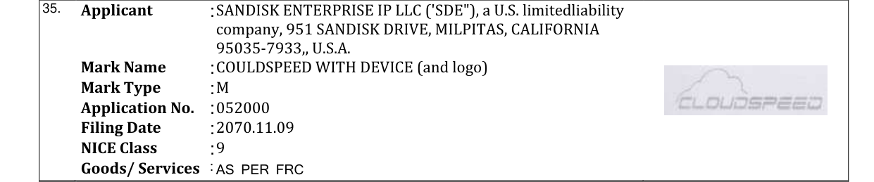 Original bulletin entry for COULDSPEED WITH DEVICE (and logo)