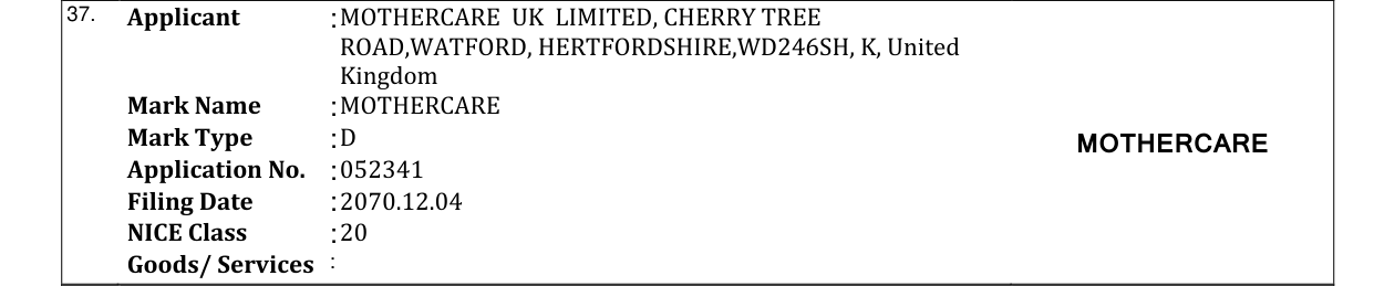 Original bulletin entry for MOTHERCARE