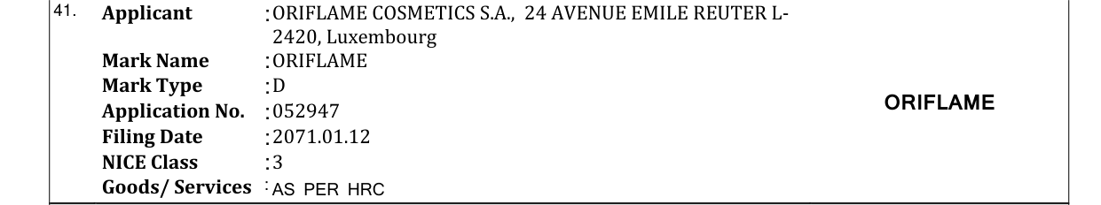 Original bulletin entry for ORIFLAME