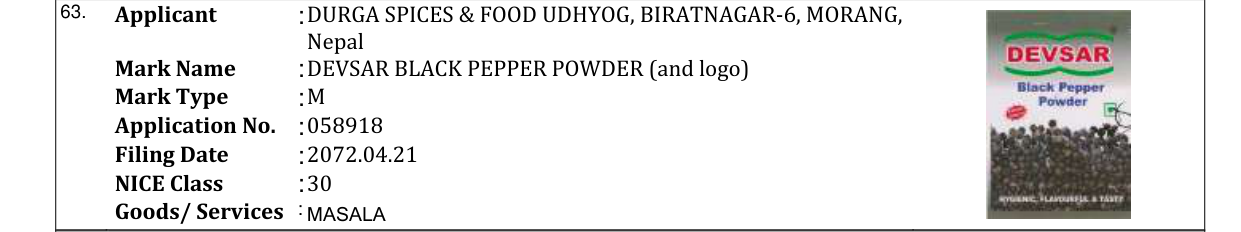Original bulletin entry for DEVSAR BLACK PEPPER POWDER (and logo)