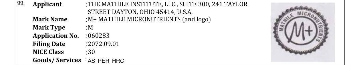Original bulletin entry for M+ MATHILE MICRONUTRIENTS (and logo)