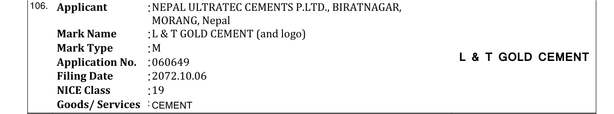 Original bulletin entry for L & T GOLD CEMENT (and logo)