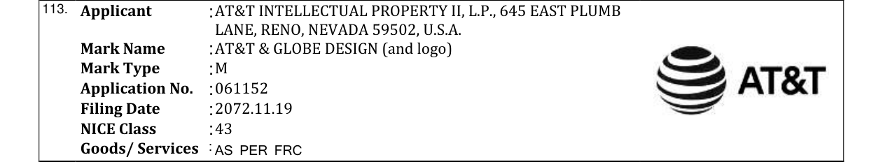 Original bulletin entry for AT&T & GLOBE DESIGN (and logo)