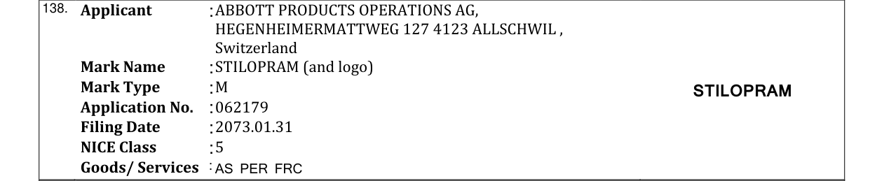 Original bulletin entry for STILOPRAM (and logo)