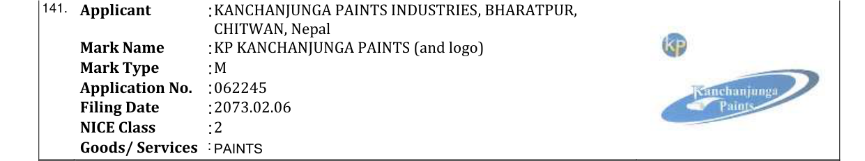 Original bulletin entry for KP KANCHANJUNGA PAINTS (and logo)