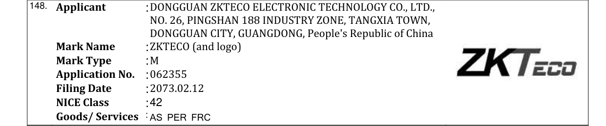 Original bulletin entry for ZKTECO (and logo)