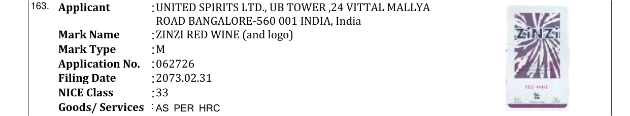 Original bulletin entry for ZINZI RED WINE (and logo)