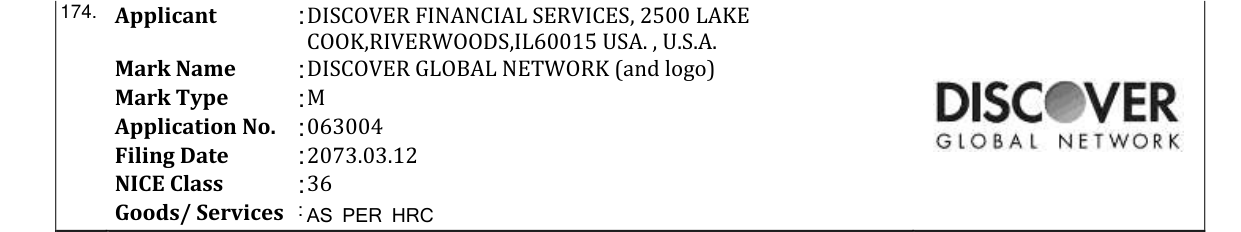Original bulletin entry for DISCOVER GLOBAL NETWORK (and logo)